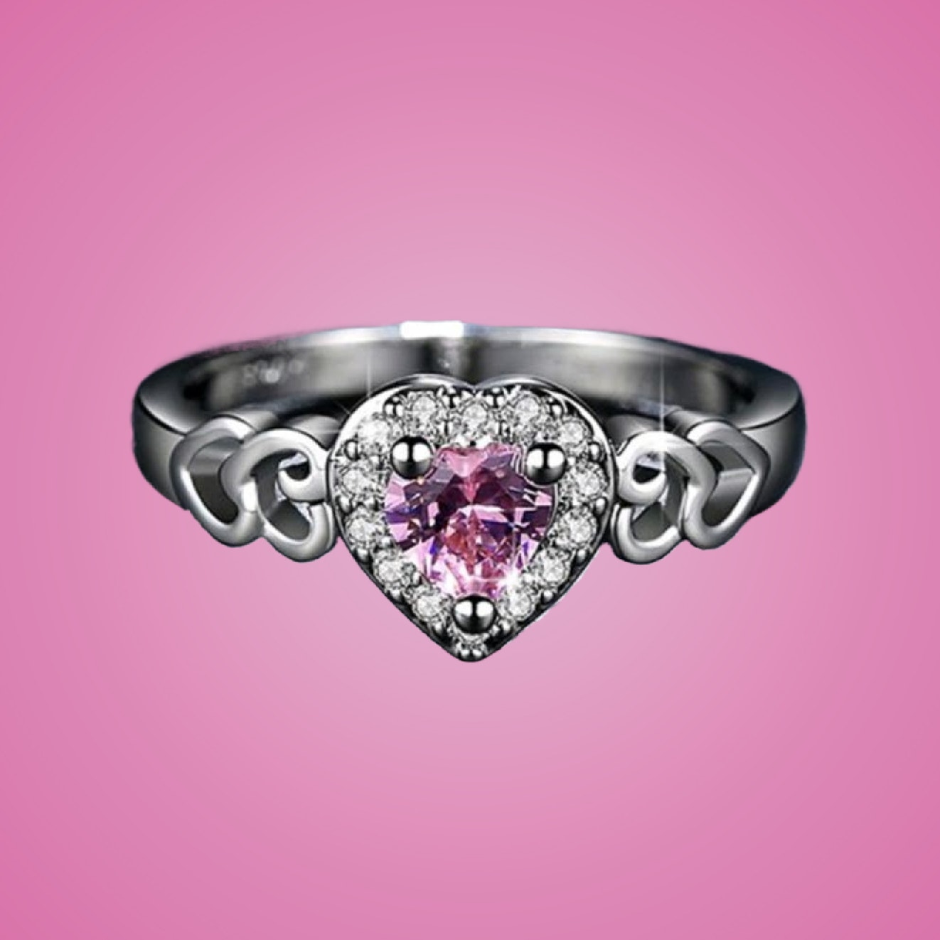 Heart Shaped With Pink Center Stone Fashion Ring Size 8 New With Gift Box